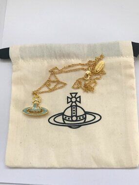 Vivienne Westwood  Gold Tone Mint Green Enamel Pearl Orb Pendant Necklace